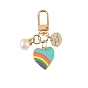 Alloy Enamel Pendant Keychain, with Alloy Swivel Clasps, Plastic Imitation Pearl Beads and Rhinestone, Heart & Flat Round with Word