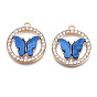 Alloy Rhinestone Pendants, with Acrylic, Cadmium Free & Lead Free, Ring with Butterfly, Light Gold