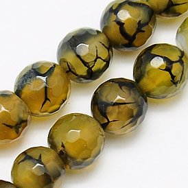 Natural Dragon Veins Agate Beads Strands, Dyed, Faceted, Round, Dark Khaki