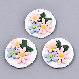 Handmade Polymer Clay Pendants, Flat Round with Flower