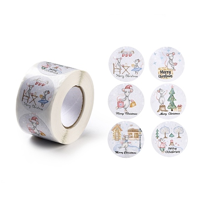 Christmas Themed Flat Round Roll Stickers, Self-Adhesive Paper Gift Tag Stickers, for Party, Decorative Presents