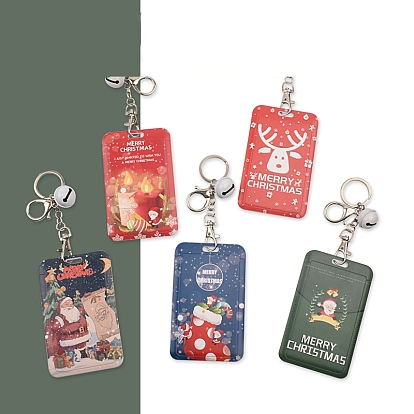 Christmas Themed Plastic Keychain Card Sleeve, with Keychain Clasp and Bell, for Bus Pass Work Badge Card Holders