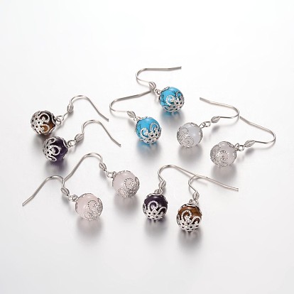 Round Gemstone Dangle Earrings, with Stainless Steel Findings, 30mm, Pin: 0.8mm