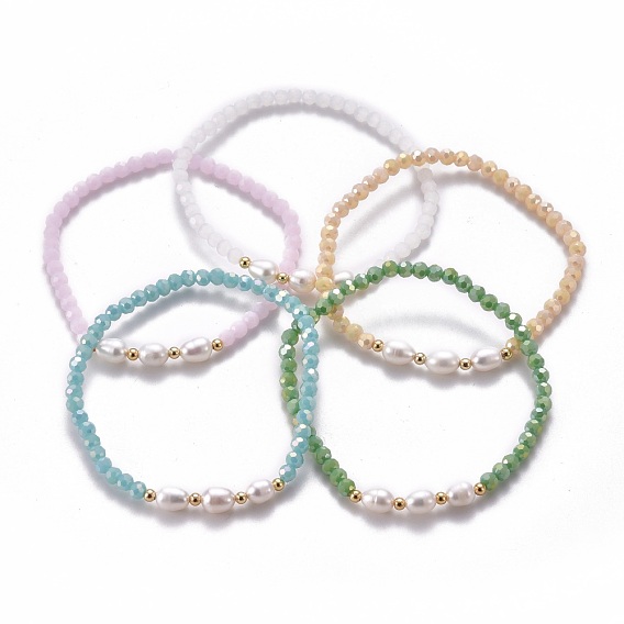 Faceted Glass Beaded Stretch Bracelets, with Natural Pearl Beads and Golden Plated Brass Beads