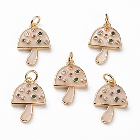 Brass Micro Pave Colorful Cubic Zirconia Pendants, with Enamel and Jump Rings, Mushroom