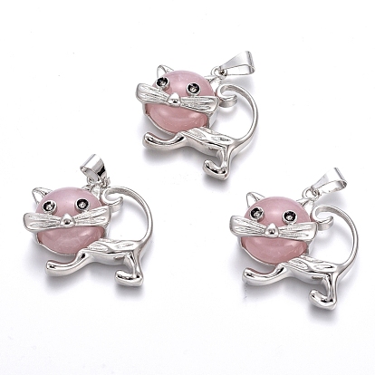 Gemstone Kitten Pendants, with Platinum Tone Brass Findings, Cartoon Cat Shape