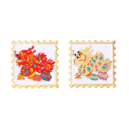 Épingles en émail en alliage de style chinois, broche carrée avec timbre de dragon