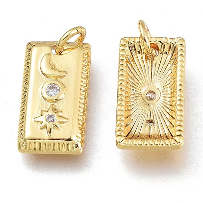 Brass Micro Pave Clear Cubic Zirconia Charms, with Jump Ring, Rectangle with Moon & Star