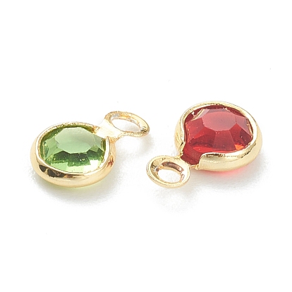 Faceted Glass Charms, with Brass Findings, Long-Lasting Plated, Flat Round