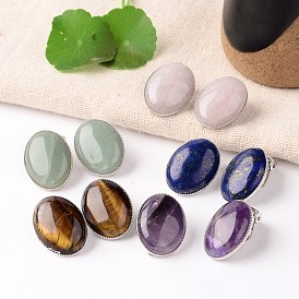 Natural Gemstone Oval Clip-on Earrings, with Platinum Plated Brass Findings, 21x15mm