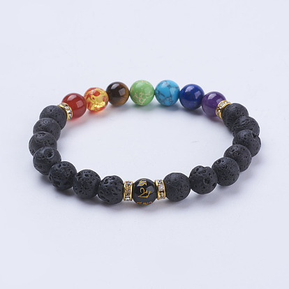 Natural Lava Rock Stretch Bracelets, with Mixed Gemstone Beads and Brass Rhinestone Bead Spacers