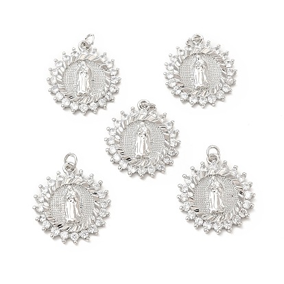 Brass Micro Pave Cubic Zirconia Pendants, with Jump Ring, Flower with Religion Virgin Mary Charm
