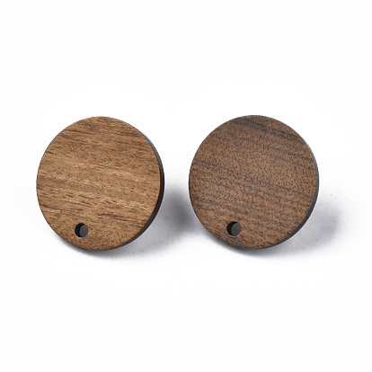 Walnut Wood Stud Earring Findings, with 316 Stainless Steel Pin and Hole, Flat Round