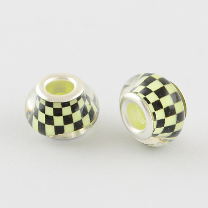 Mosaic Pattern Resin European Beads, with Silver Color Plated Brass Double Cores, Large Hole Rondelle Beads, 14x9mm, Hole: 5mm