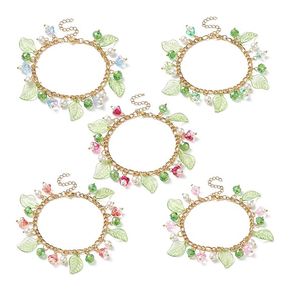 5 pcs 5 ensemble de bracelets à breloques en perles de verre de couleur et trompette fleur et feuille d'acrylique, doré 304 bracelets empilables en acier inoxydable pour femmes