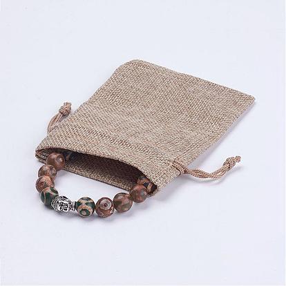 Tibetan Style Dzi Bead Stretch Bracelets, with Tibetan Style Buddha Head Beads, Burlap Packing Pouches Drawstring Bags
