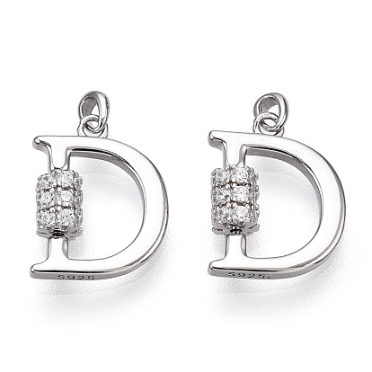 925 Sterling Silver Micro Pave Cubic Zirconia Charms, Initial Letter D, Nickel Free