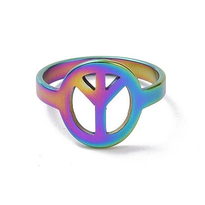 201 Stainless Steel Peace Sign Finger Ring, Hollow Wide Ring for Women