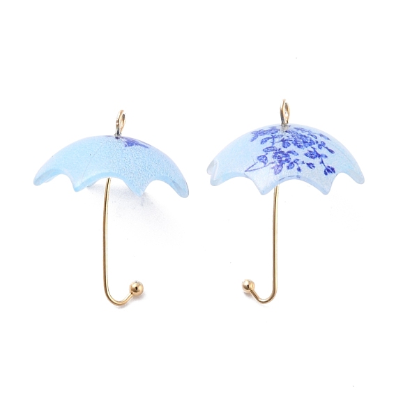 Pendentifs acryliques, avec accessoires en alliage plaqués or , 3d parapluie avec motif de fleurs