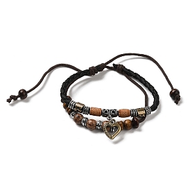 Bracelets multibrins double couche tressés en bois, bracelet réglable avec breloques cœur en alliage