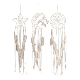 Woven Web/Net with Feather Pendant Decorations, Polyester Cord Hanging Home Decorations, Star/Moon/Flat Round