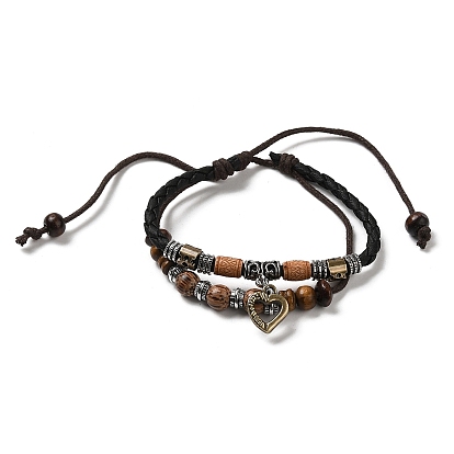 Wooden Braided Double Layer Multi-strand Bracelets, Adjustable Bracelet with Alloy Heart Charms