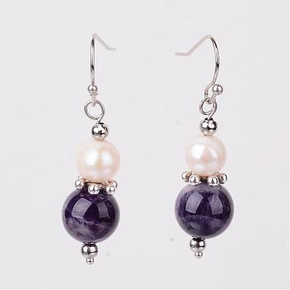 Perles naturelles de pierres précieuses rondes balancent des boucles d'oreilles, avec perles d'eau douce de perles, tonalité de platine crochets laiton boucle d'oreille et alliage de zinc perles espaceurs