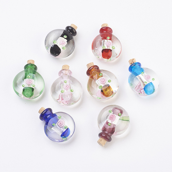 Colgantes de botellas de perfume de lampwork hecho a mano de plata, botella de aceite esencial