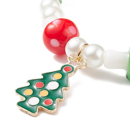 2Pcs 2 Style Glass Pearl & Lampwork Mushroom Beaded Stretch Bracelets Set with Alloy Enamel Christmas Charm for Women