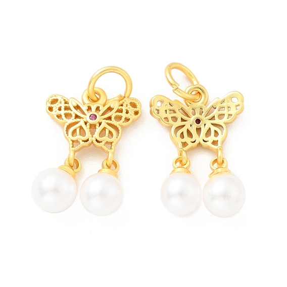 ABS Plastic Imitation Pearl Pendants, with Cubic Zirconia & Brass Findings and Jump Rings, Cadmium Free & Lead Free, Butterfly with Round