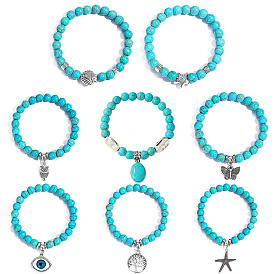 Synthetic Turquoise Beaded Bracelets, Bohemia Style Alloy Charms Stretch Bracelets for Women
