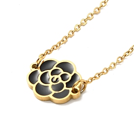 Black Enamel Flower Pendant Necklace with Plastic Pearl Beaded, Ion Plating(IP) 304 Stainless Steel Jewelry for Women
