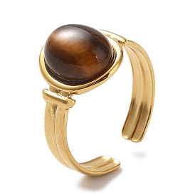 Natural Tiger Eye Oval Open Cuff Rings, Golden Tone 304 Stainless Steel Jewelry for Women