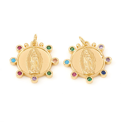 Brass Micro Pave Cubic Zirconia Pendants, Lady of Guadalupe Charms, with Jump Rings, Flat Round with Virgin Mary