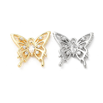 Hollow Brass Micro Pave Cubic Zirconia Pendants, with Glass, Butterfly Charms