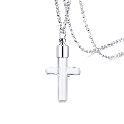 Transparent  Glass Pendants, with Stainless Steel Chain, Cross