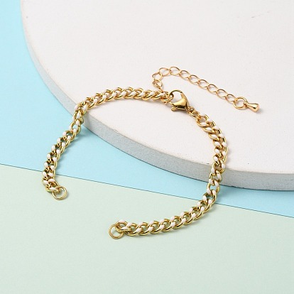 Two Tone Handmade Brass Curb Chain Bracelet Makings, with Enamel and 304 Stainless Steel Lobster Claw Clasps
