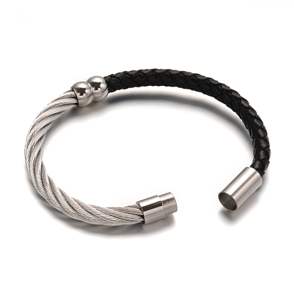 Leather Cord Braided Bracelets, with 304 Stainless Steel Findings, 52x60mm