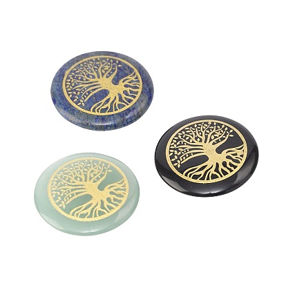 Gemstone Carved Tree of Life Pattern Flat Round Stone, Pocket Palm Stone for Reiki Balancing, Home Display Decorations