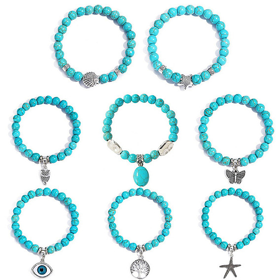 Bracelets de perles de turquoise synthétique, Charmes en alliage de style bohème bracelets extensibles pour femmes