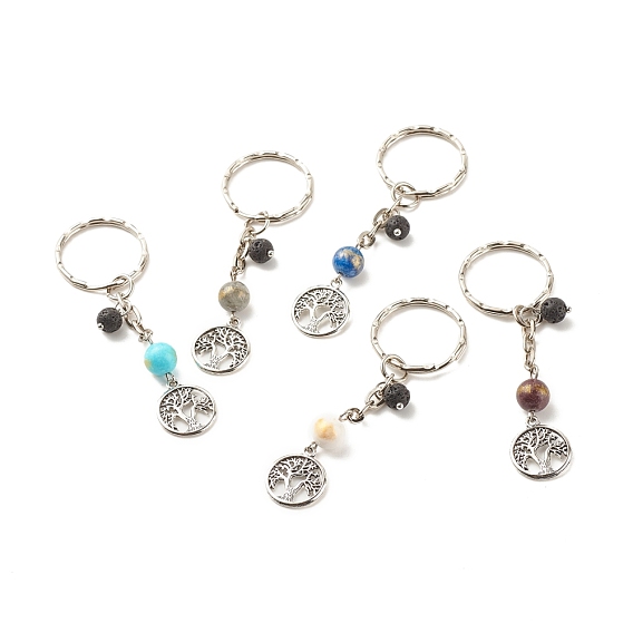 Natural Gemstone Beads Keychain, with Tibetan Style Alloy Pendants, Iron Split Key Rings, Flat Round with Tree of Life