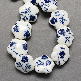 Handmade Printed Porcelain Beads, Flower, 14x15x6mm, Hole: 3mm