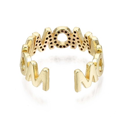 Brass Micro Pave Clear Cubic Zirconia Cuff Rings, Open Rings, Mother's Day Gifts, Nickel Free, Word Mom