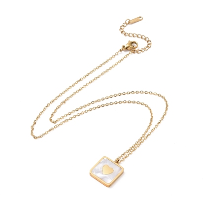 Synthetic Shell Square with Heart Pendant Necklace, Ion Plating(IP) 304 Stainless Steel Jewelry for Women