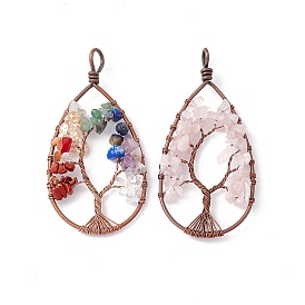 Teardrop Natural Gemstone Copper Wire Wrapped Chip Big Pendants, Tree of Life Charm, with Red Copper Tone Iron Findings