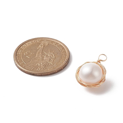 Natural Cultured Freshwater Pearl Pendants, Potato Charms, with Light Gold Tone Copper Wire Wrapped
