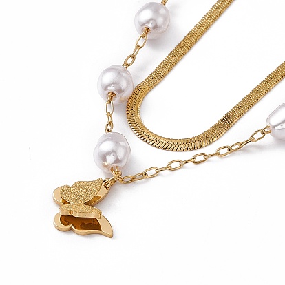 Collier double couche de perles d'imitation et de chaînes à chevrons, 304 collier bohème à breloque papillon en acier inoxydable pour femme