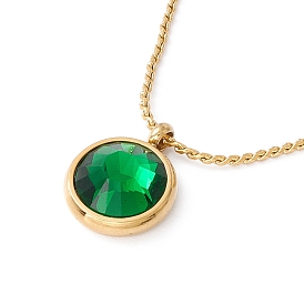 Collier pendentif rond plat strass vert fougère, placage ionique (ip) 304 bijoux en acier inoxydable pour femmes