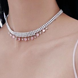 Pink Heart Pendant Necklace with Choker, Luxurious and Elegant - Charming Zircon Clavicle Chain.