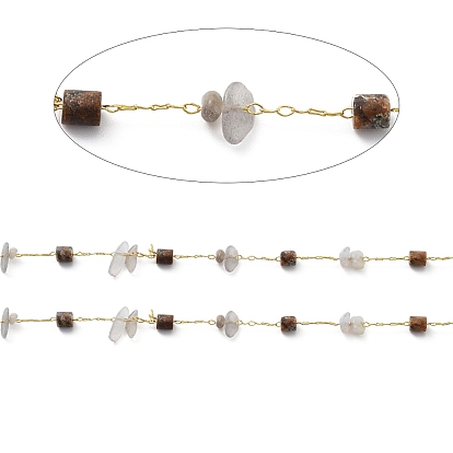 Natural Mixed Gemstone Chips & Column Beaded Chains, with Brass Findings, Soldered, with Spool